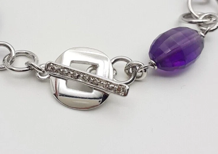 Bracciale Ametista argento 925 diamanti brown gioiello donna catena chiusura a T - Immagine 3 di 4