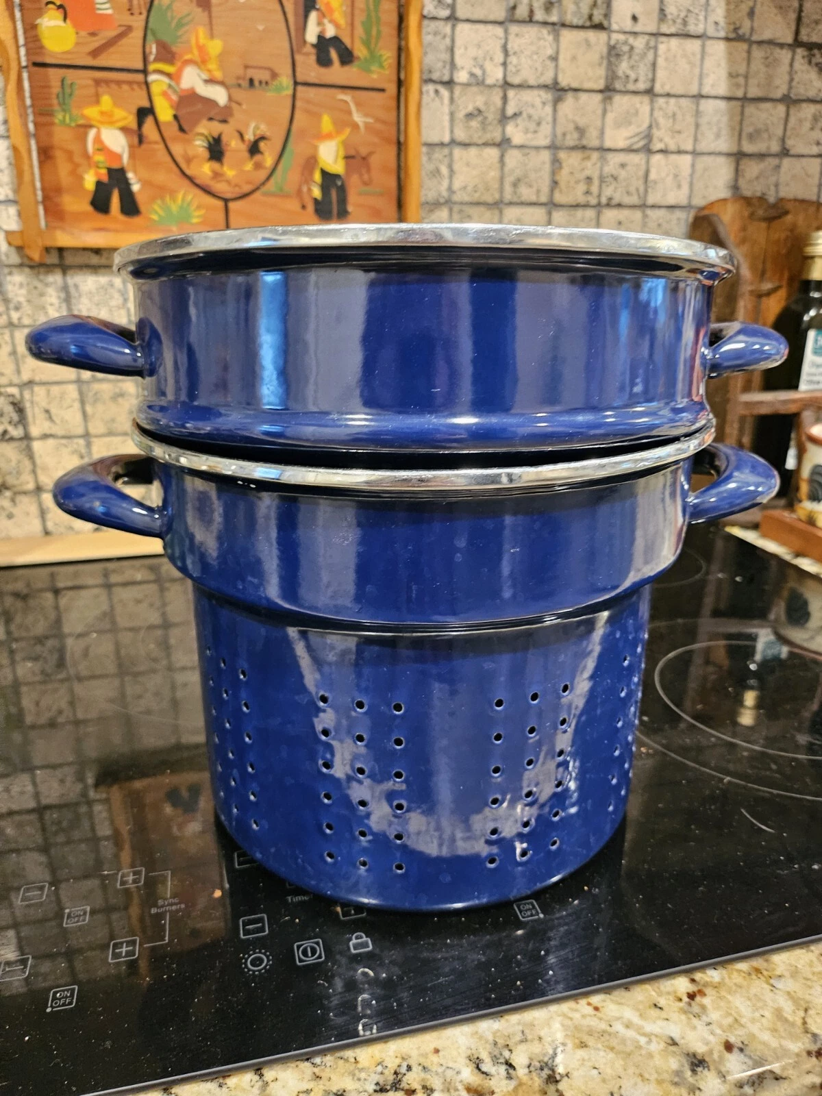 2 X Roshco Style? 10" Nesting Pasta Strainer Porcelain Enamel on Steel Blue Navy