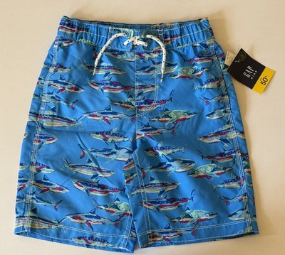 NWT $35 Gap Kids Boys Swim Trunks Board Shorts Sharks Size 8 MED Built in Brief