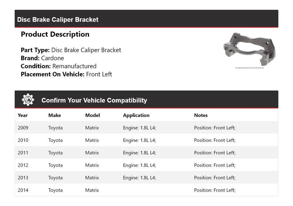 Soporte de pinza de freno de disco delantero izquierdo cardone 2010 para Toyota Matrix 2009-2014 Foto 2 de 4