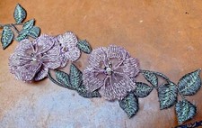 appliques embroidered 2.5x8" layered flowers beads hand sewn 1pc lilac
