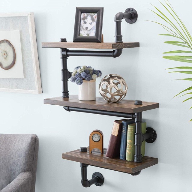 3 Layer Wooden Rustic Pipe Shelving Unit Vintage Industrial Pipe