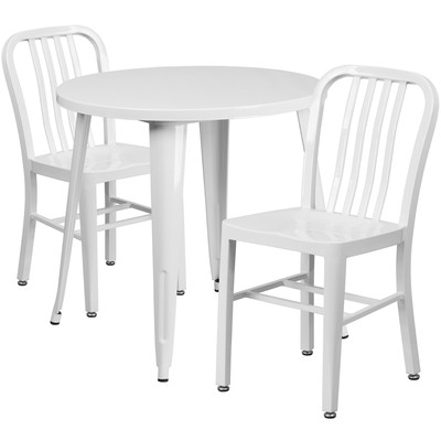 30'' Round White Metal Indoor-Outdoor Restaurant Table Set w/ 2 Slat Back Chairs