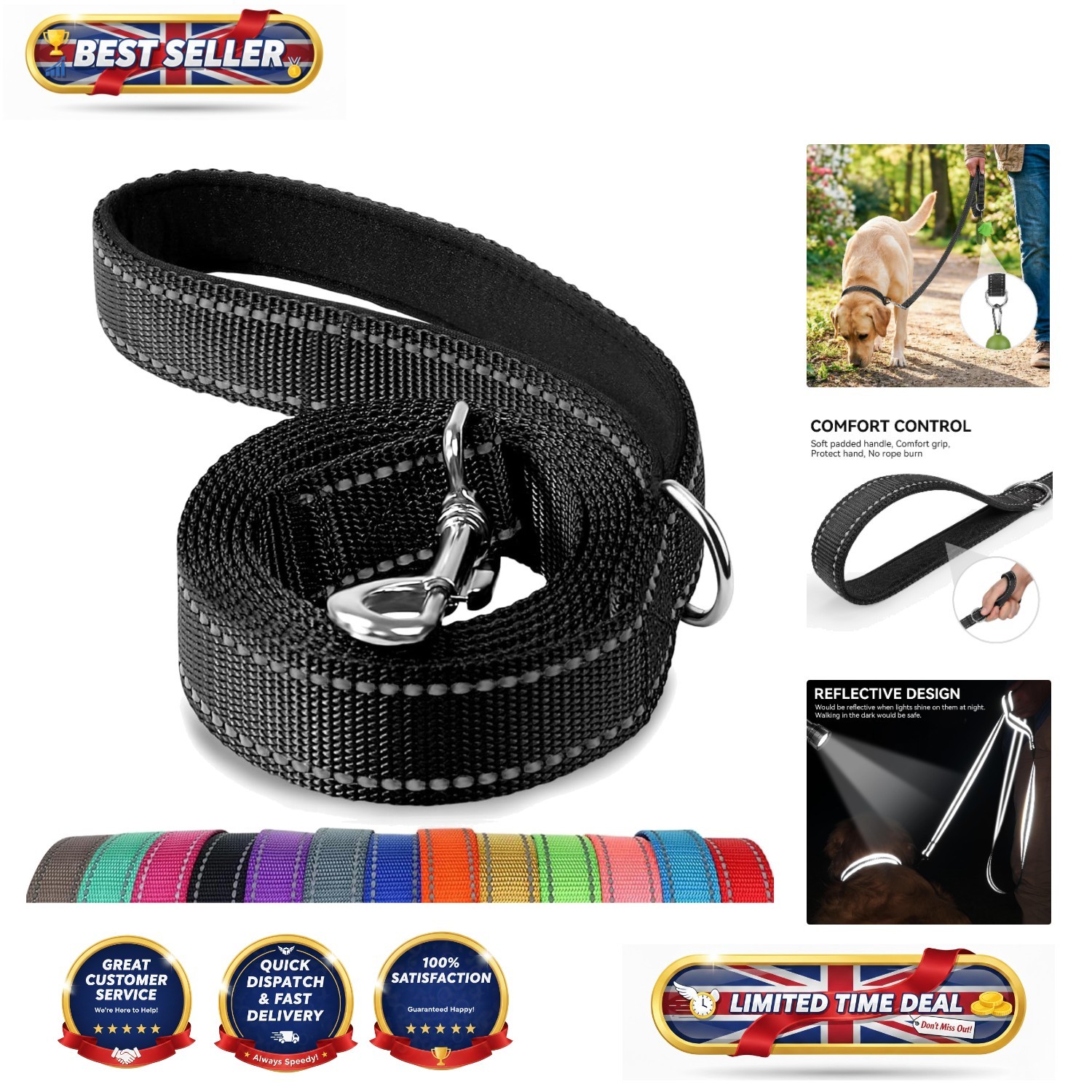 Durable 1.2m Dog Leash with Padded Grip & Reflective Stitching for Evening Walks