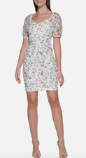 GUESS Women’s Floral Printed Lace Puff-Sleeve Mini Sheath Dress White Multi 10