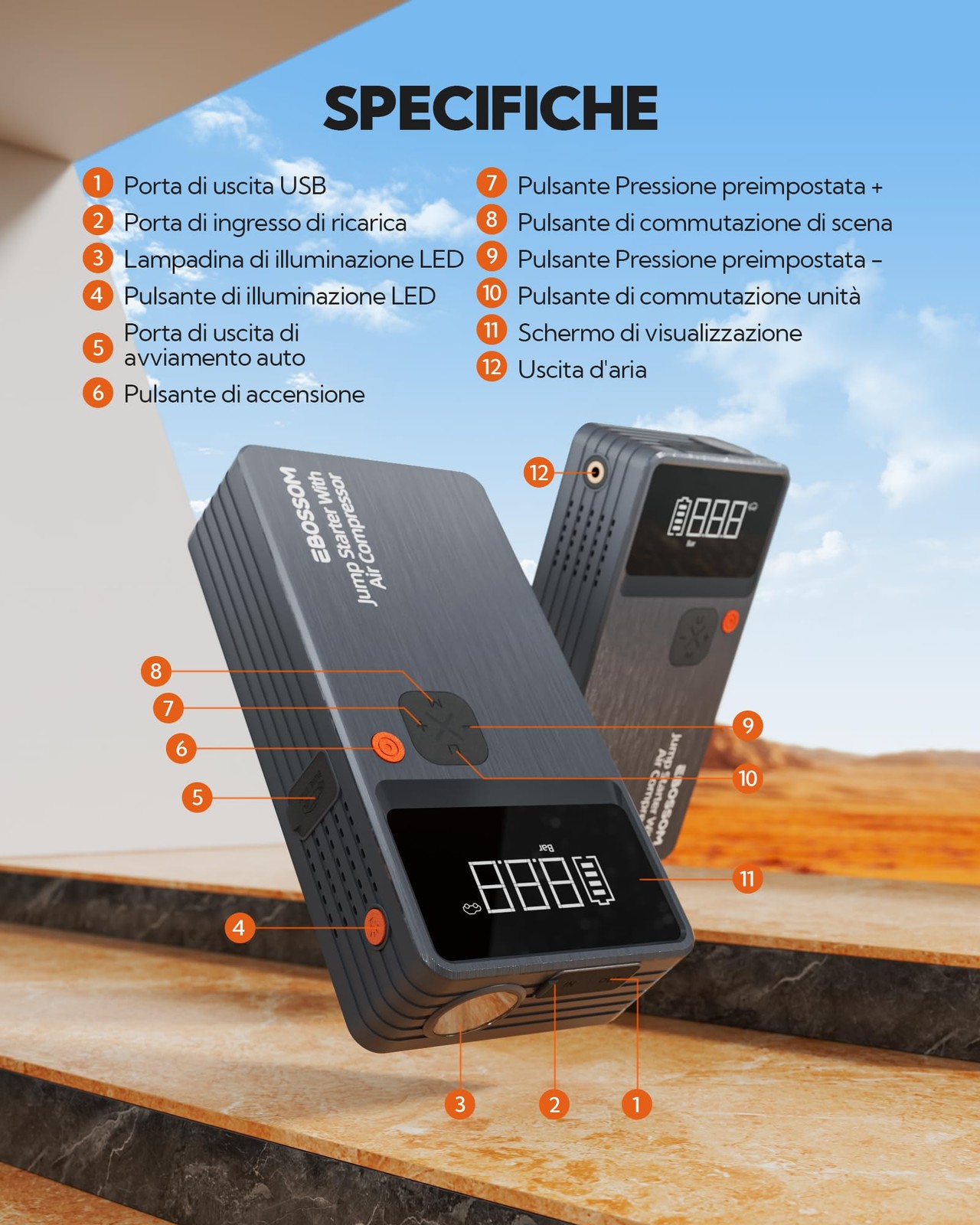 Booster Avviamento Auto Jc8-12000mah con Compressore Aria Portatile per Veicoli - Miniatura 9