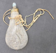 EMPTY Antique 1800s Embossed Brass Powder Holder Flask Horn Bird Dog Hunting