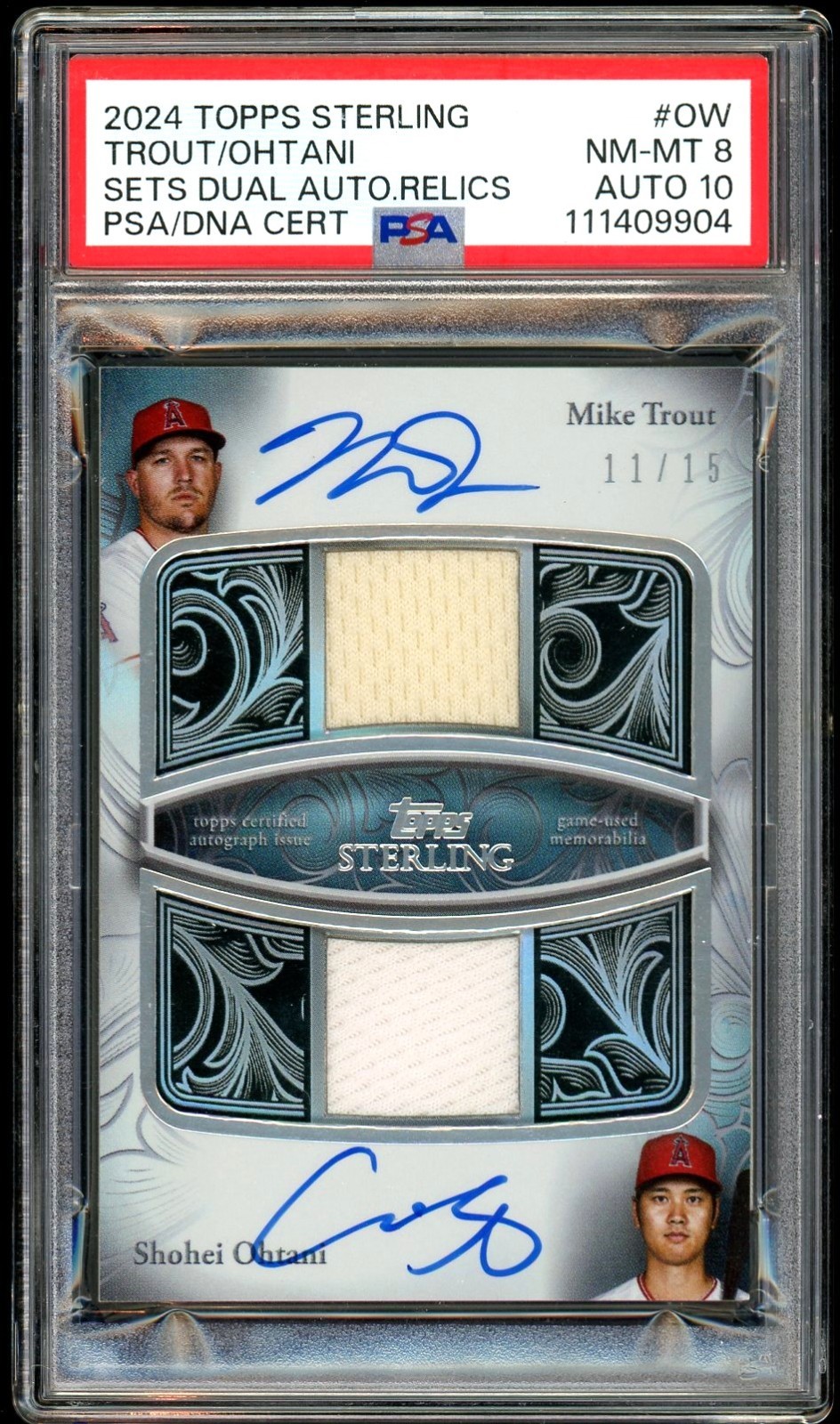 2024 Topps Sterling Shohei Ohtani Mike Trout Auto /15 Dual Auto Relic PSA 8 view 1
