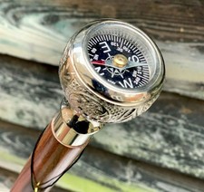 CLASSIC STYLE WOODEN WALKING STICK CANE BRASS COMPASS HANDLE NICKEL PLATED