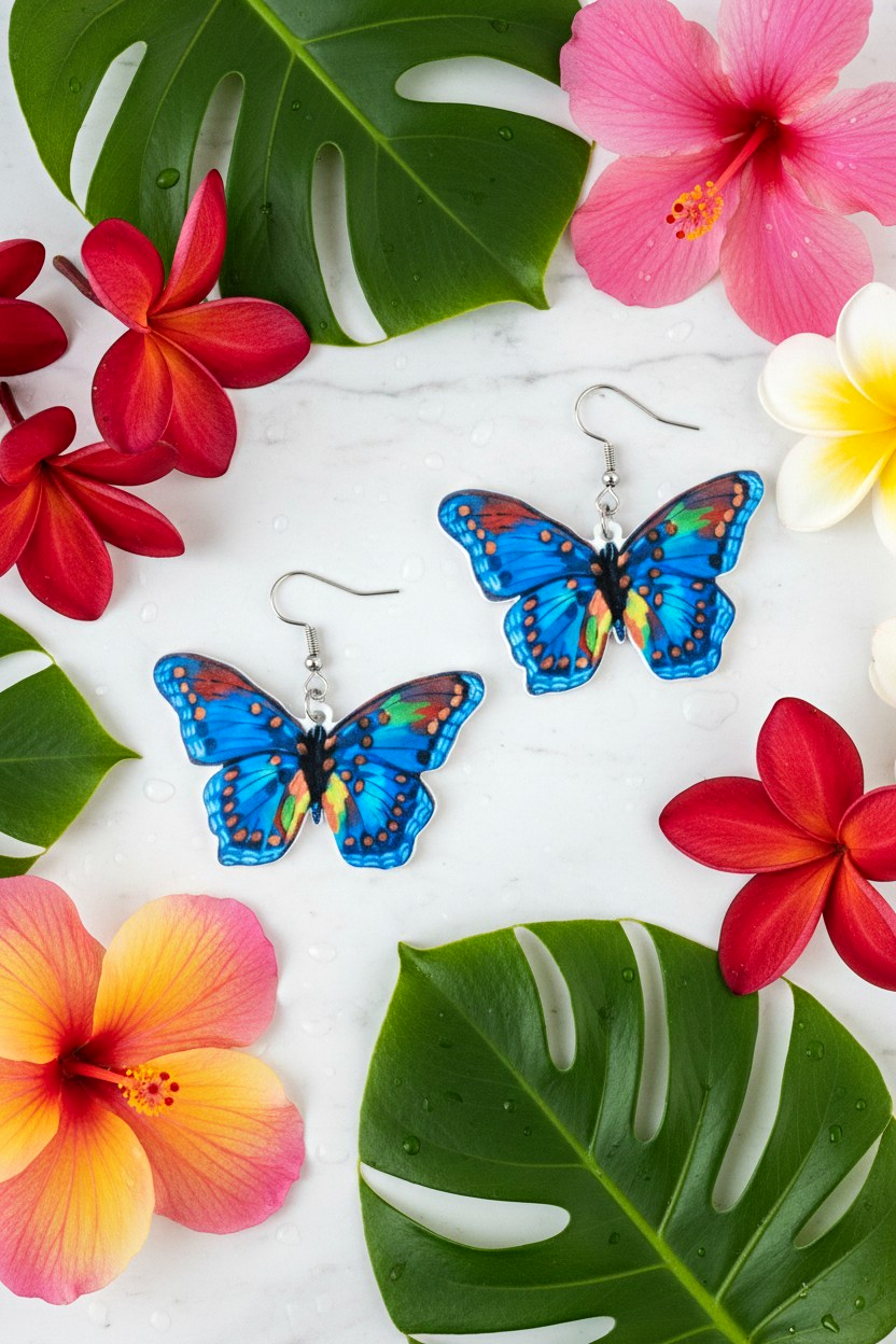 Butterfly Animal dangle Hook earrings Acrylic Multicolor Lobe No Stone
