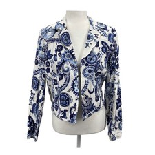 Jones New York Women s Linen Paisley Blazer Blue White Cropped XS