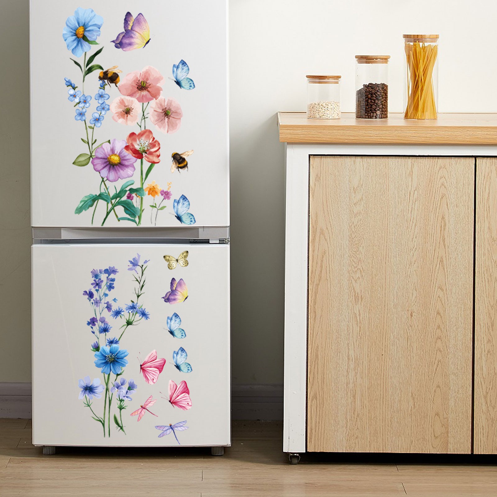 Watercolor Floral Wall Stickers with Colorful Dragonflies, Peel and Stick Mural