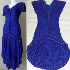 Vintage Pure Silk Beaded Sequin Midi Dress MARK JOHN Iridescent Royal Blue 80s