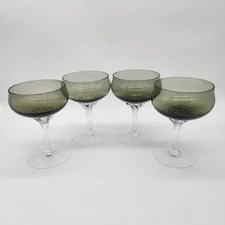 Sasaki Coronation 3 Oz Wine/Champagne Glasses Smoky Green w/Clear Stems-Set Of 4