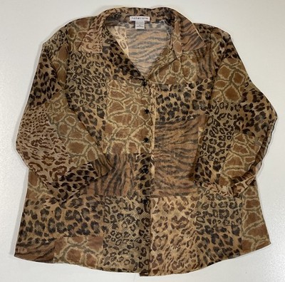 Vintage Notations Sheer Animal Print Button Up Blouse Sz XL Mob Wife Y2K