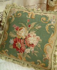 16" Roses Daisy Green Color Vintage Handmade Aubusson Design Needlepoint Pillow