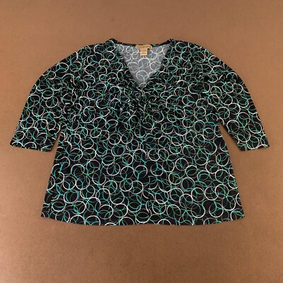 Notations Women's XL Black Green Circles 3/4 Sleeve V Neck Pullover Blouse