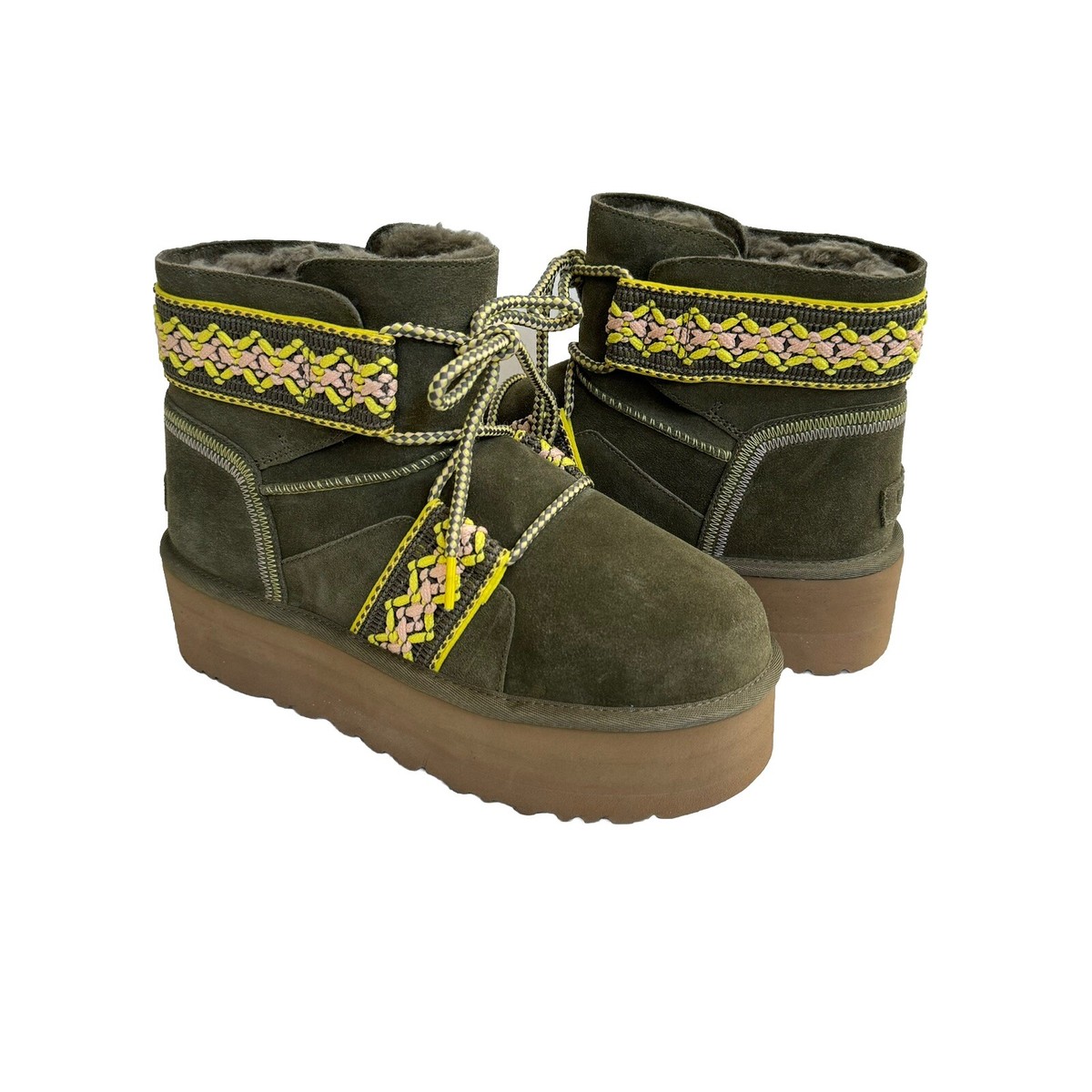 UGG CLASSIC MINI II BRAID BURNT OLIVE HERITAGE PLATFORM BOOT US 10