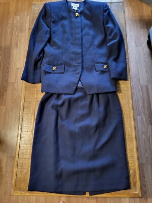 Vintage Worthington Sz 14 Navy Blue Skirt Suit Lined Blazer Jacket