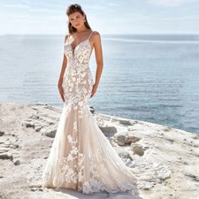 Sexy Mermaid Applique Evening Dresses Spaghetti Strap Sweep Train Prom Gowns