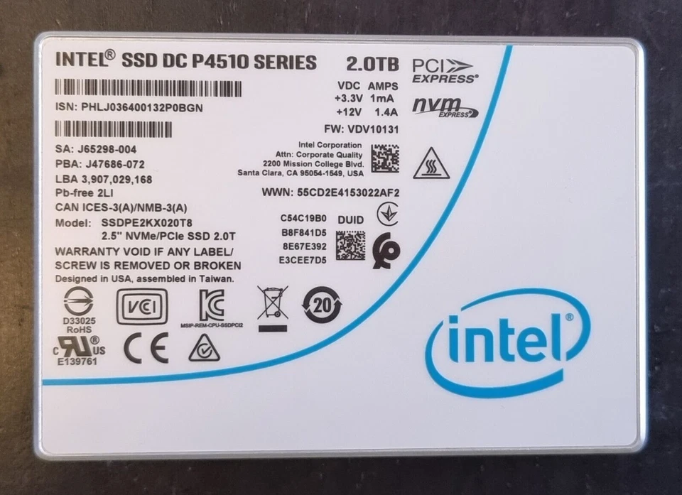 2TB Intel SSD P4510 Series DC NVME U.2 2.5" SSDPE2KX020T8 Solid State Drive - Image 4 of 4