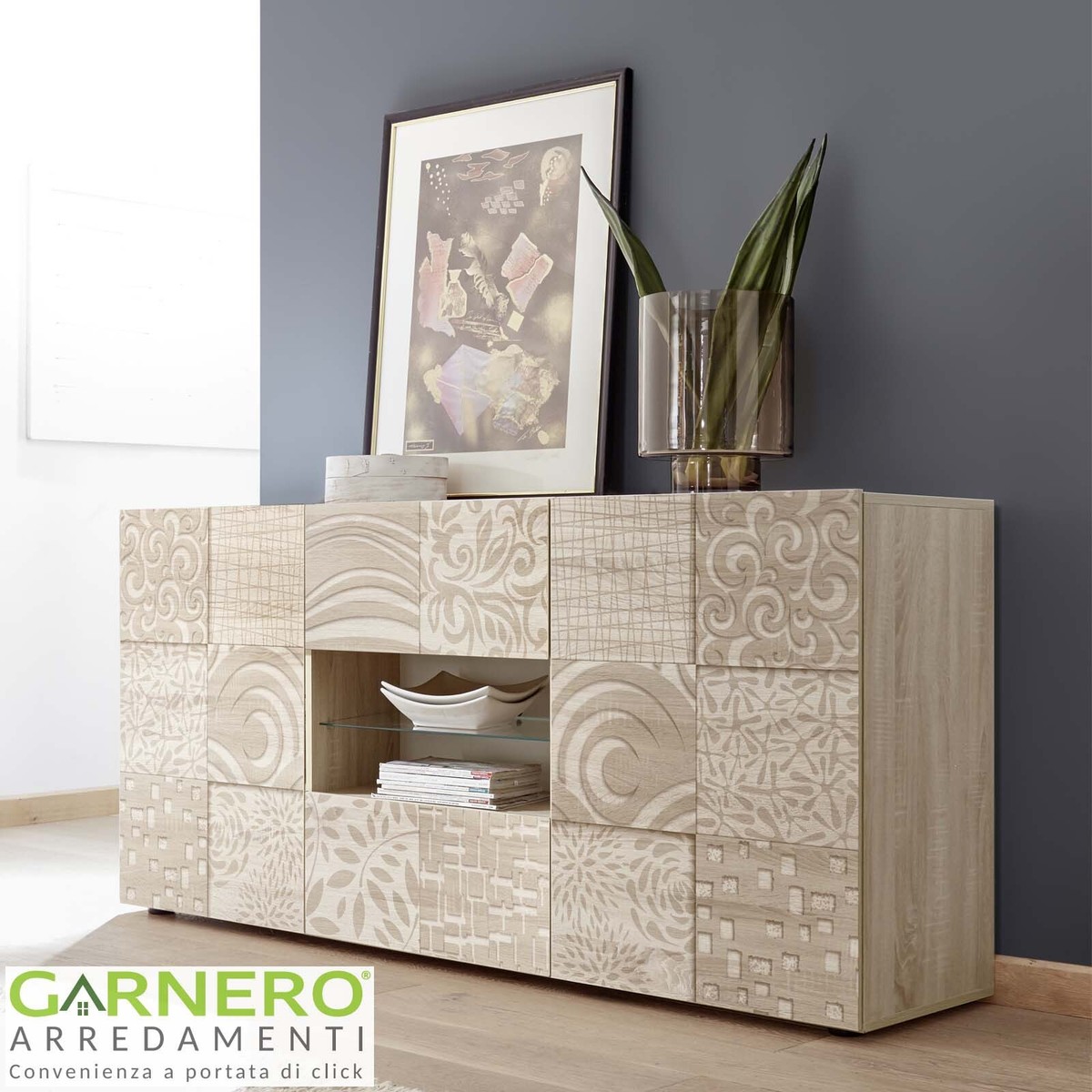Madia credenza rovere samoa laccato ante cassetti serigrafato