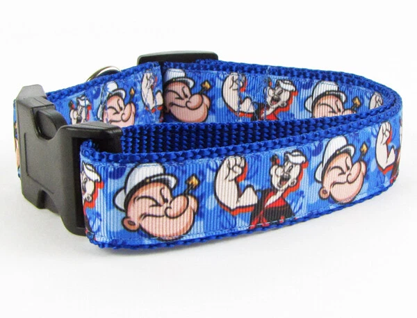 Popeye dog collar handmade, adjustable, buckle collar, 1" wide, blue or leash
