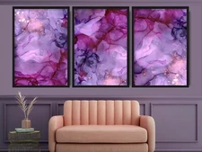 Set of 3 Prints - Abstract Purple Pink Glitter Effect Wall Art