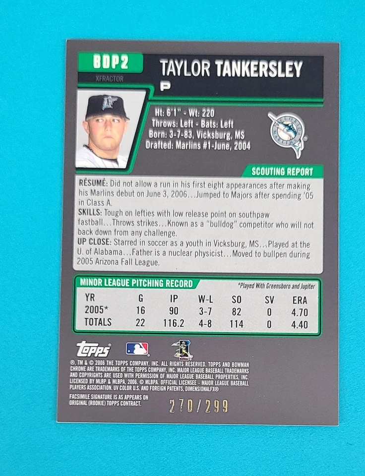 2006 Bowman Chrome XFractor Taylor Tankersley /299 Baseball Card - 50% Off 6+ W9 - Image 2 of 2