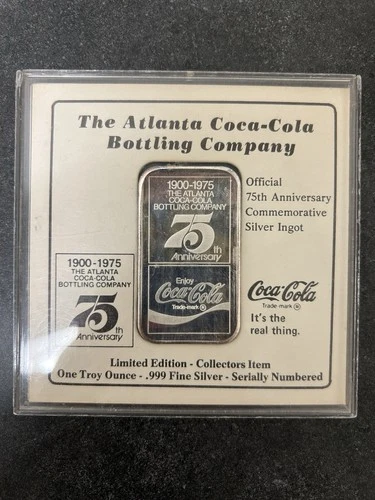 Atlanta Coca-Cola 75th Anniversary 1oz .999 Fine Silver Ingot Bar 1900-1975