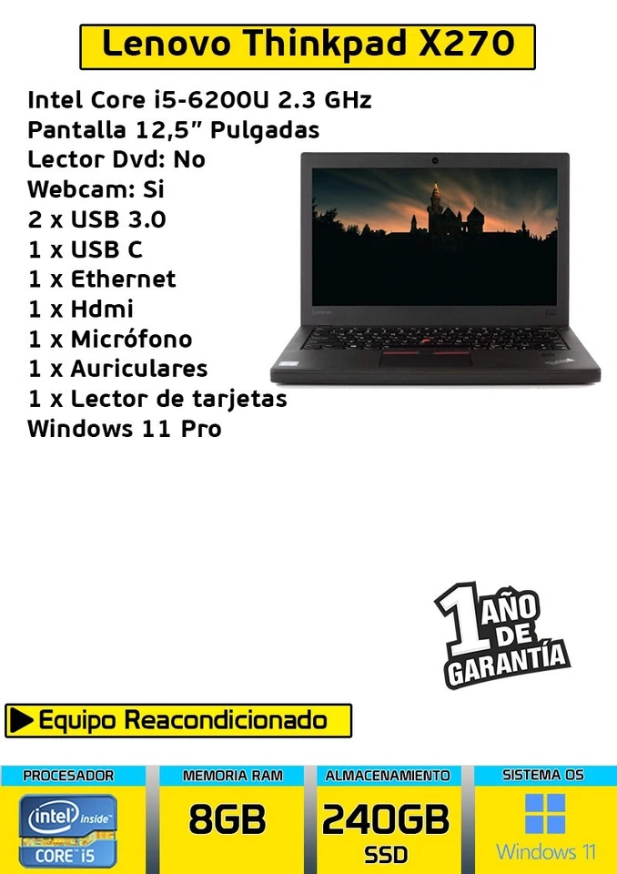 ORDENADOR PORTATIL LENOVO THINKPAD X270 CORE I5-6200U 8 GB RAM 240GB SSD WIN11 - Imagen 4 de 4