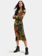 Desigual x Christian Lacroix Universe Ribbed Stretch Knit V-Neck Midi Dress Sz S