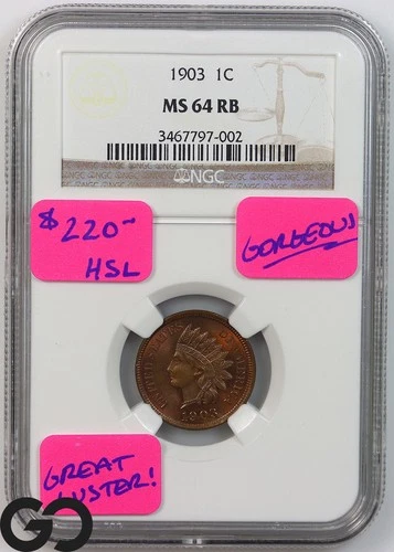 1903 Indian Head Cent Penny NGC MS 64 RB ** Beautiful Razor Sharp!