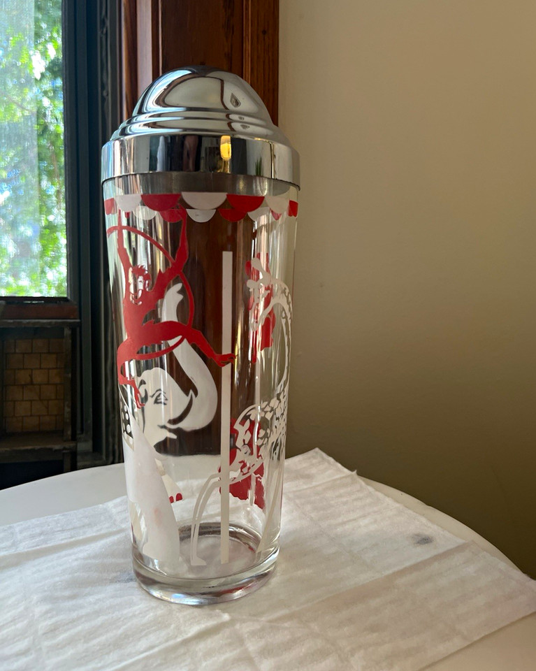 Vintage 1950s Hazel Atlas Circus Carnival Glass Cocktail Shaker Chrome Top MCM