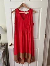 Anthropologie LaVi by Sam & Lavi Dress M Red Tan Colorblock High Low V Neck Midi