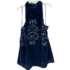 Free People Jill's Sequin High Neck Velvet Swing Mini Dress In Blue Combo Sz M
