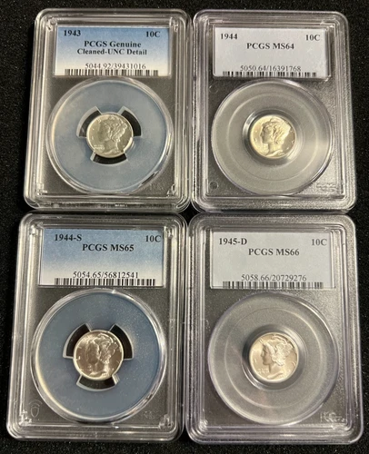 Mercury Dime Lot PCGS 1943 Uncirculated, 1944 MS64, 1944-S MS65, 1945-D MS66