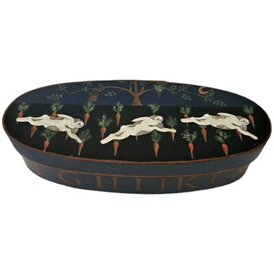 Vintage Wood Shaker Bunny Box Oval Hand Painted Lid Easter Spring 16 In