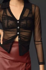 Maeve by Anthropologie Size S Sheer Ruched Button Down Cropped Blouse black