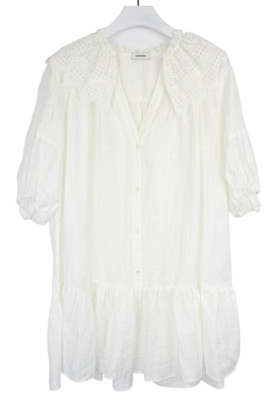 SANDRO Emiliana Dress Women's EU 42 3/4 Sleeve Linen Blend Buttoned White Mini