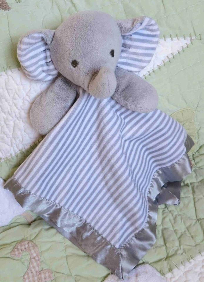 Manta de seguridad para bebé Circo Elephant gris rayas blancas con borde satinado Lovey usada en excelente estado Foto 2 de 3