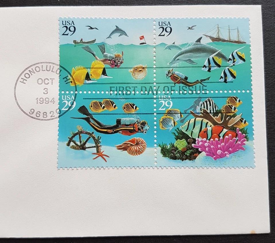 USA 1994 Marine Life Corals Fish Dolphin 4v Stamp FDC (official issue)tiny toned - Image 2 of 2