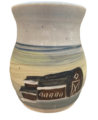 Art Pottery Vase Signed Farmhouse Barn Scene 4.5 x 5.5 inch Ceramic
