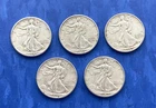 Walking Liberty Half Dollar 5 Coin Lot 1941-P, 1942-P, 1943, 44, 45-D 90% Silver