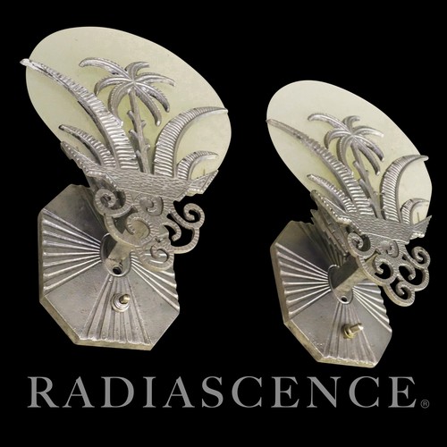 MATCHED PAIR FRENCH ART DECO TROPIC PALM ALUMINUM GLASS WALL SCONCE LAMPS 1930'S