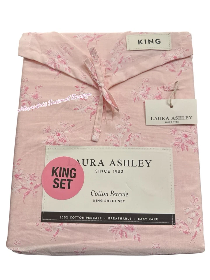 LAURA ASHLEY Victorian Bouquet Pink Floral KING SHEET SET 4P NEW COTTON PERCALE - Image 2 of 4
