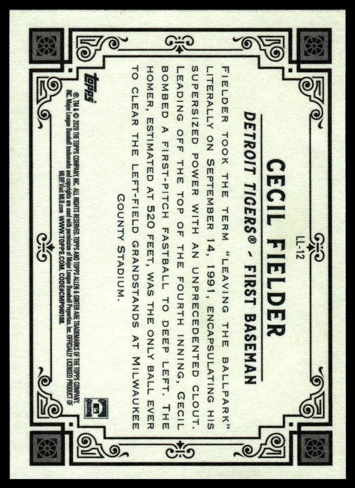 2020 Topps Allen and Ginter Longball Lore #LL12 Cecil Fielder - Image 2 of 2
