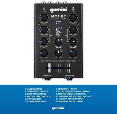 gemini MM1BT 中古美品 Gemini MM1BT 2 Channel DJ Mixer W/ Bluetooth Input for sale online