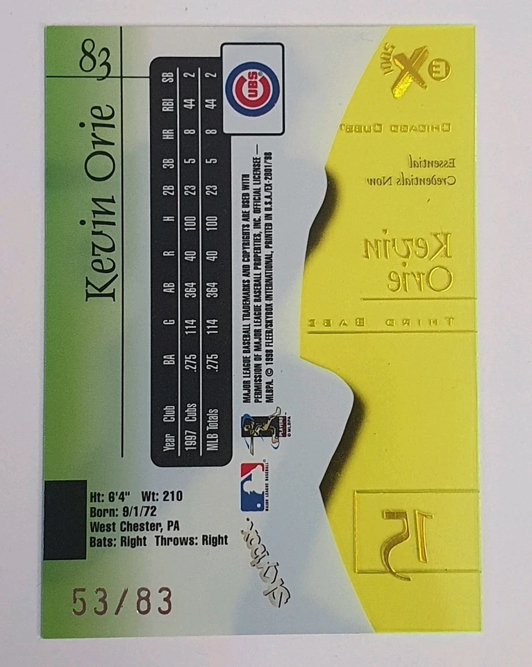 1998 SkyBox E-X2001 Essential Credentials Now #83 Kevin Orie 53/83 SP Rare CUBS - Image 4 of 4