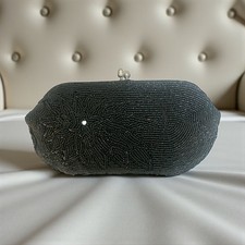 VTG Gala Beaded Clutch Black Floral Silver Kiss Lock Cocktail Bag 60s Japan